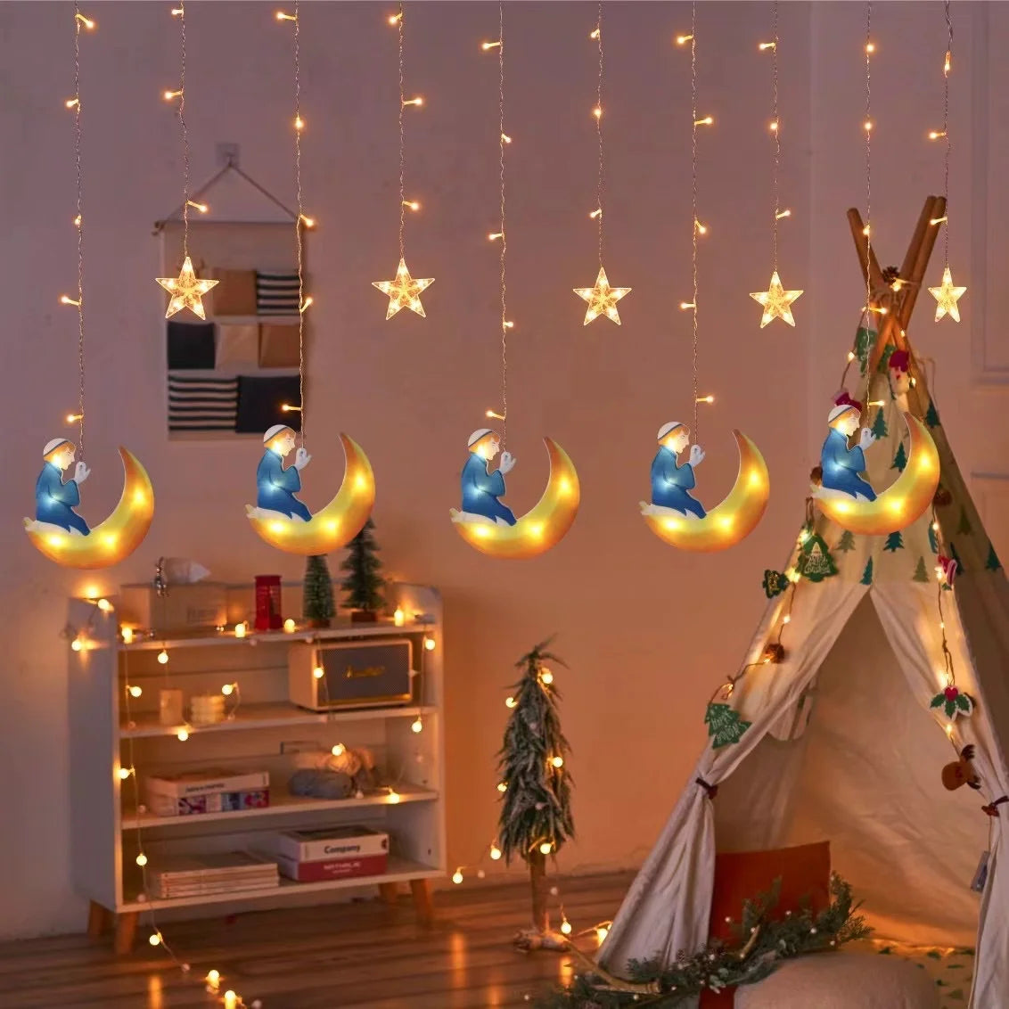 2026 Eid Al-Fitr Mubarak LED String Lights Moon Stars Curtain String Lights Islamic Ramadan Kareem Decoration for Home Garden