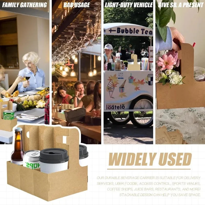 15 Count 2-Cup Disposable Drink Carrier - Brown Kraft Paperboard Holder w/Handle for Hot/Cold Drinks, Coffee, Food Delivery