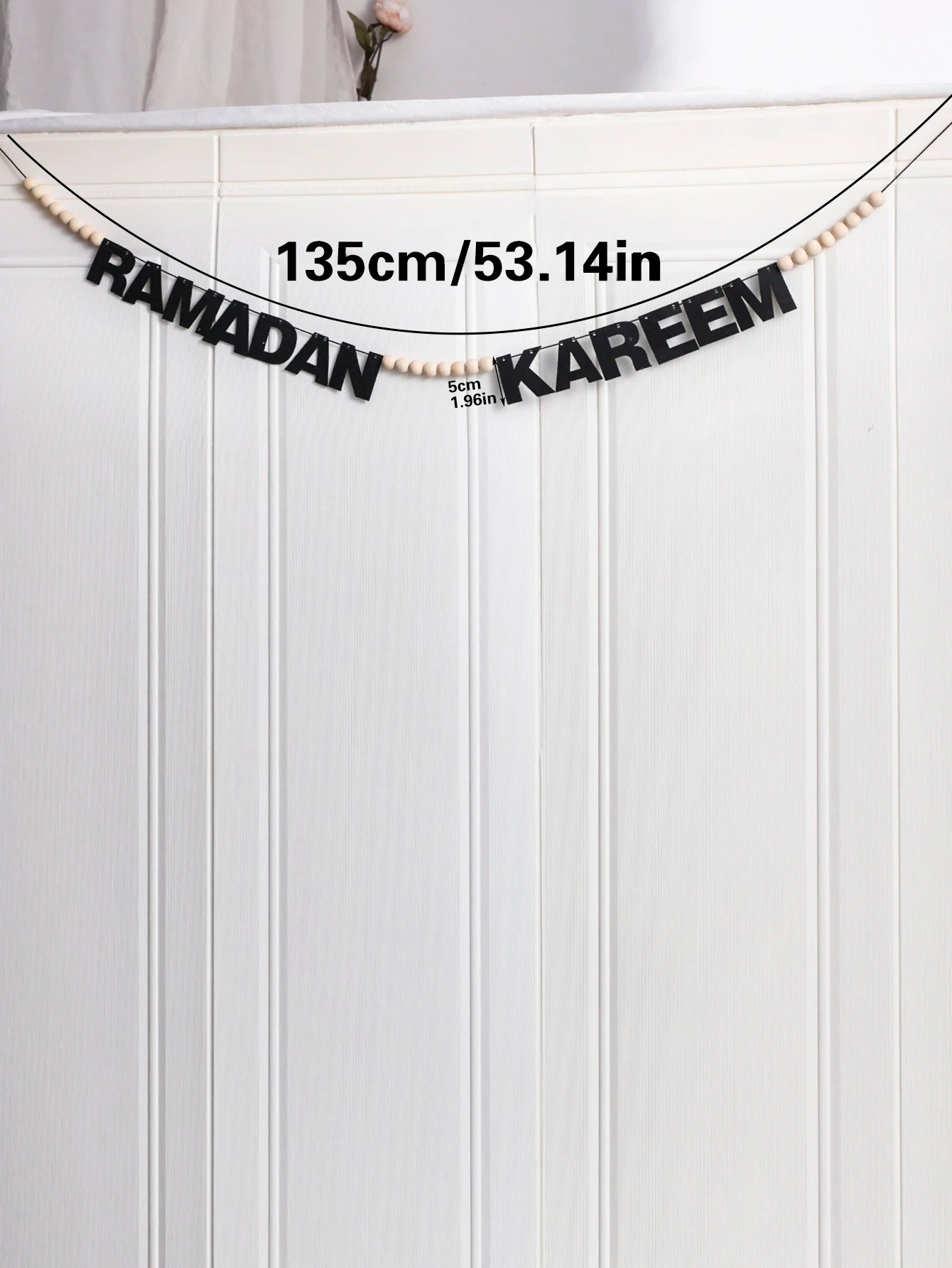 Ramadan Kareem Mubarak Banner Decor Black Felt Letters Garland with Wooden Beads Islamic Eid Festival Wall Hanging Ornament Gift