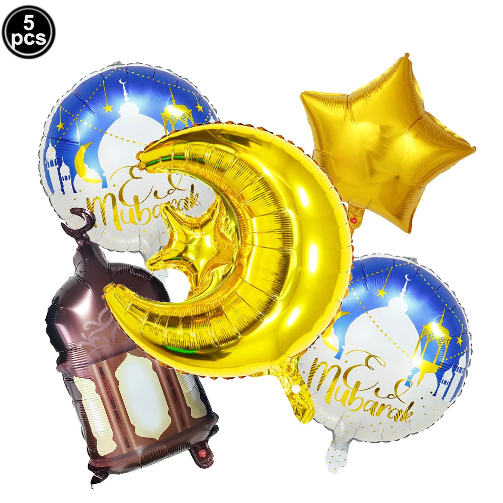 5pcs Eid Mubarak Balloons Decors Ramadan Lantern Moon Star Shape Moon Castle Pattern Foil Balloons Islamic Muslims Party Supplie