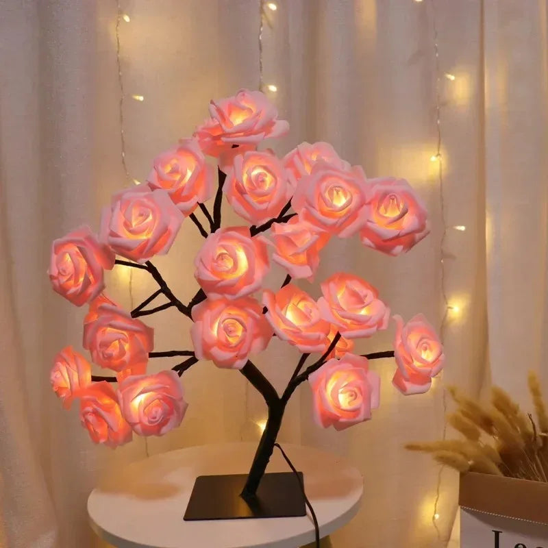 LED Rose Flower Tree Table Lamp USB Powered with Switch Warm White Fairy Night Light for Home Bedroom Wedding Xmas Party Decor