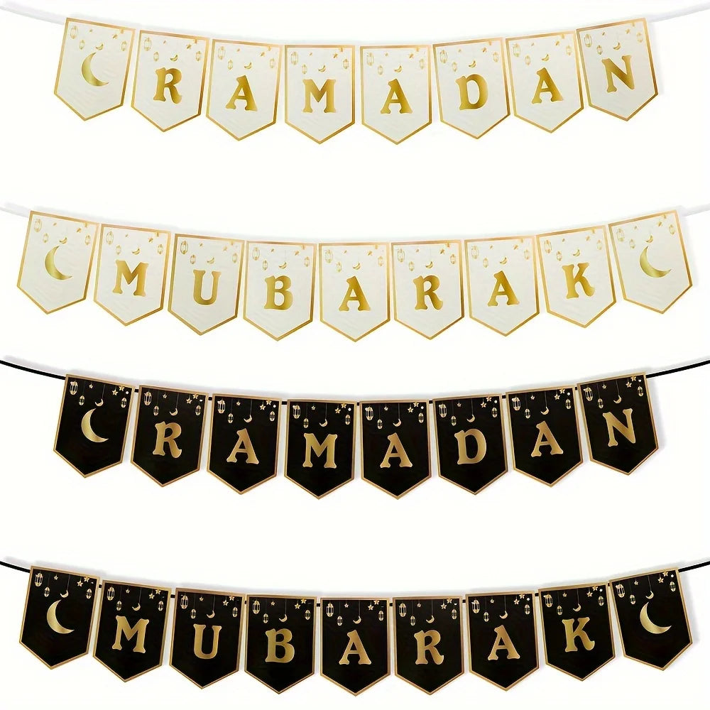 1pc Ramadan Mubarak Banner with Crescent Moon and Stars Paper Garland Decor for Ramadan, Eid Al-Fitr, Universal Celebrations