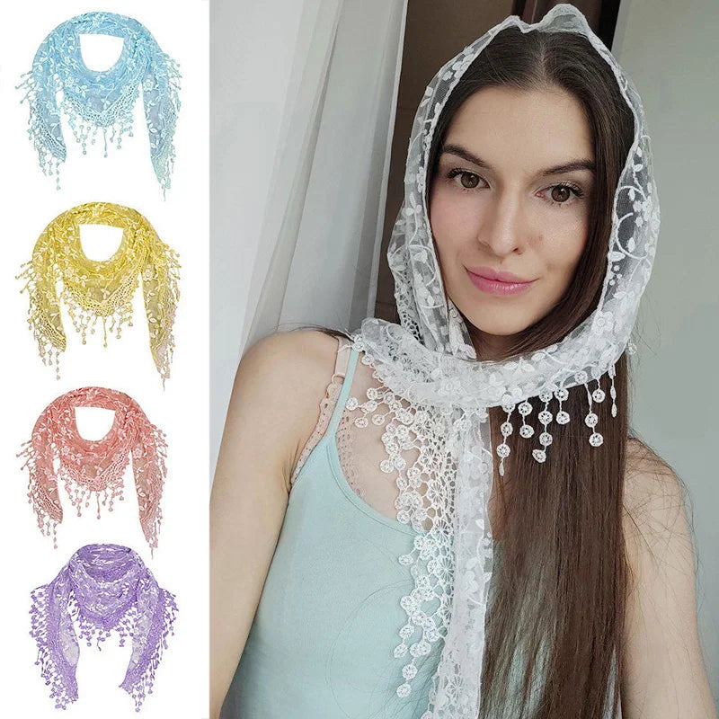 Women Lace Scarf for Church Tassel Triangle Scarf Sheer Floral Scarves Church Prayer Shawl Spanish Mantilla Lace Bufanda Mujer