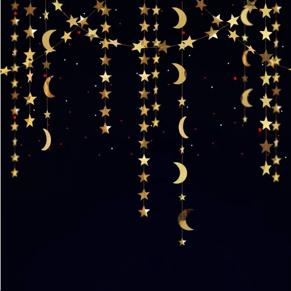 Gold Star Moon Circle Dot Crescent Lamp Eid Paper Garland Gold Mubarak Ramadan Streamer Backdrop Muslim Party Banner Decorations