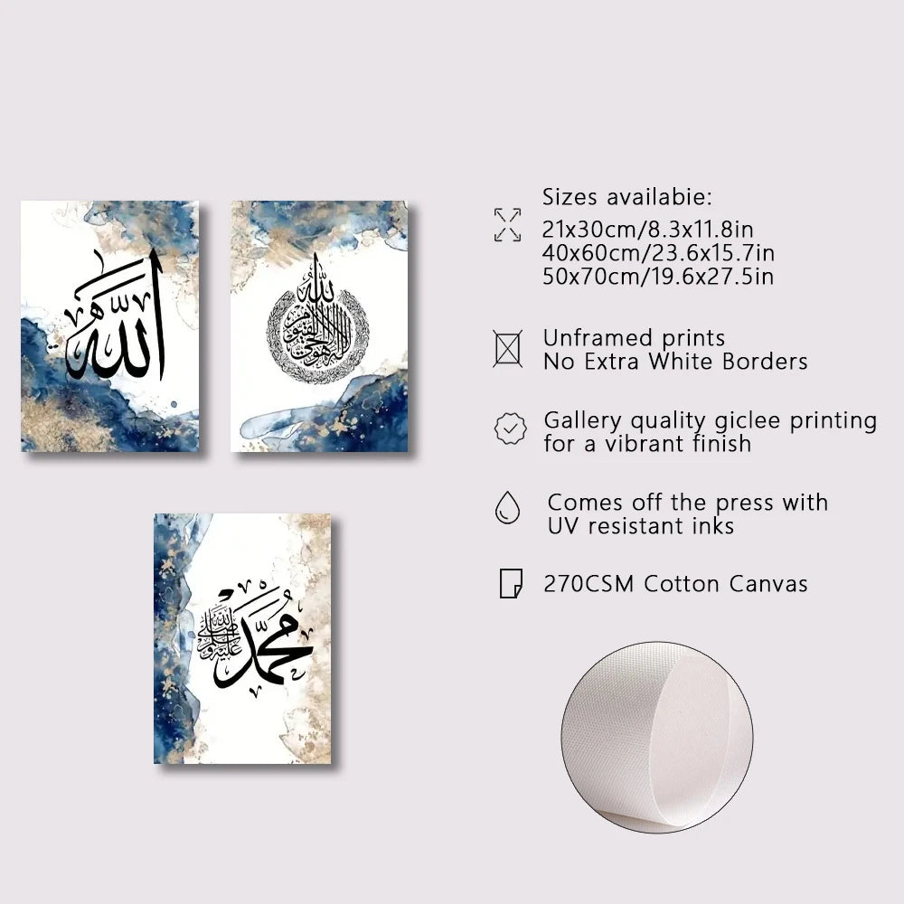 3pcs Islamic Wall Art Pictures Arabic Calligraphy Posters and Prints Allah Canvas Painting Modern Living Room Home Decor