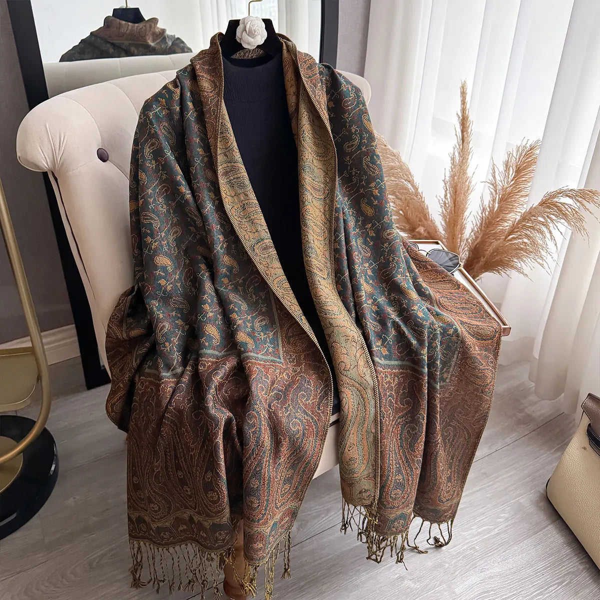 Large Size Pashmina Shawl Tassel Paisley Small flowers Element Scraf Casual Outdoor Wear Muslim Headscarf Elegant Wrap for Women