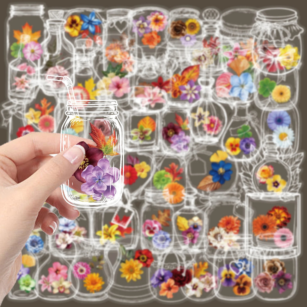 50/100PCS Glass Bottles with Dried Flower PET Sticker Waterproof Oil proof Transparent Romantic Art Colorful Flower Gift