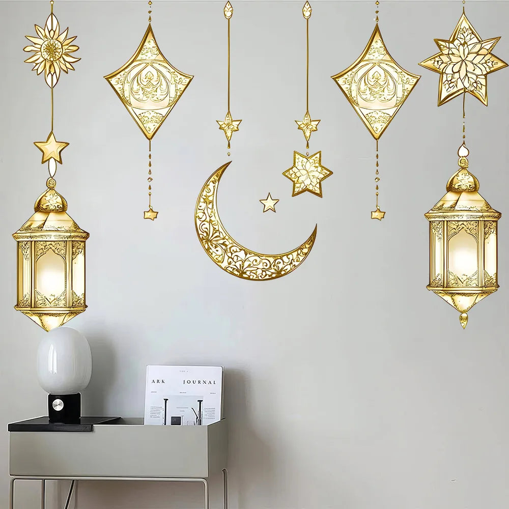 Eid Mubarak Wall Stickers Star Moon Lantern Ramadan Kareem Wall Decals Muslim Islamic Window Sticker Decorations
