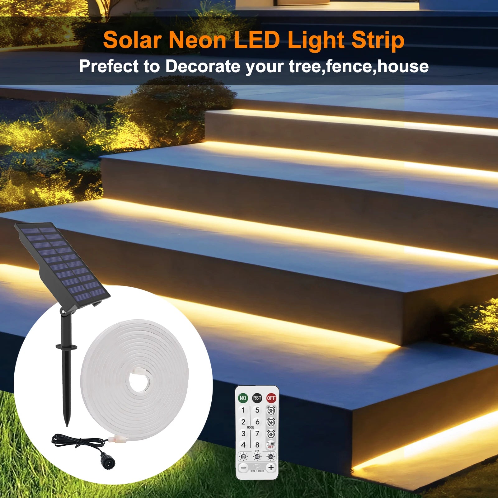 10M Solar Neon LED Strip Outdoor Pool IP67 Waterproof Flexible 2835 LED Tape Light Sign With Remote 24V 120LEDs/M Tube Diode