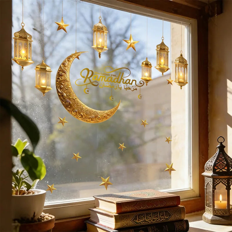 Ramadan Wall Decor Stickers Islamic Muslim Wall Decals Eid Mubarak Ramadan Lantern Moon Star Window Decor for Home Decorations