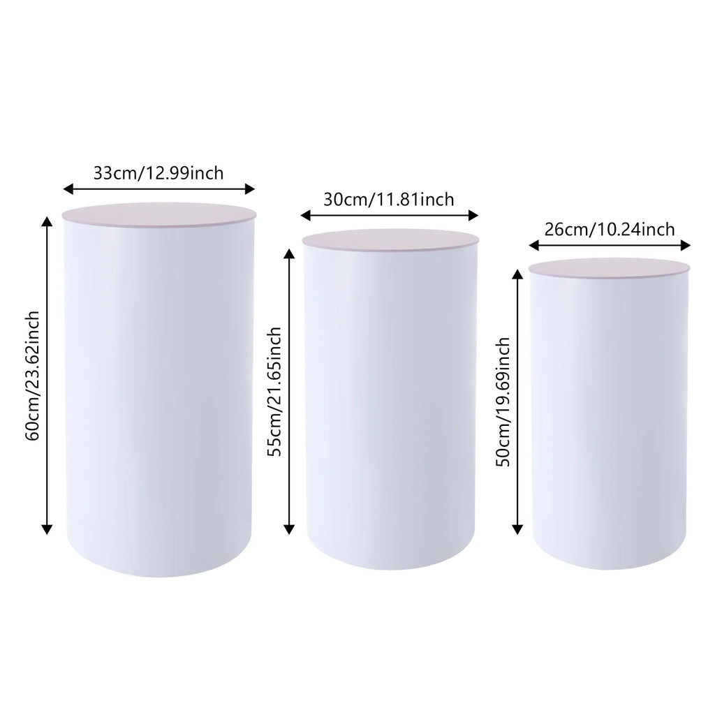 3Pcs White Wedding Round Cylinder Stand,Acrylic & PVC, Modern Decor for Weddings, Events, Birthday Parties,Holds Cakes & Flowers