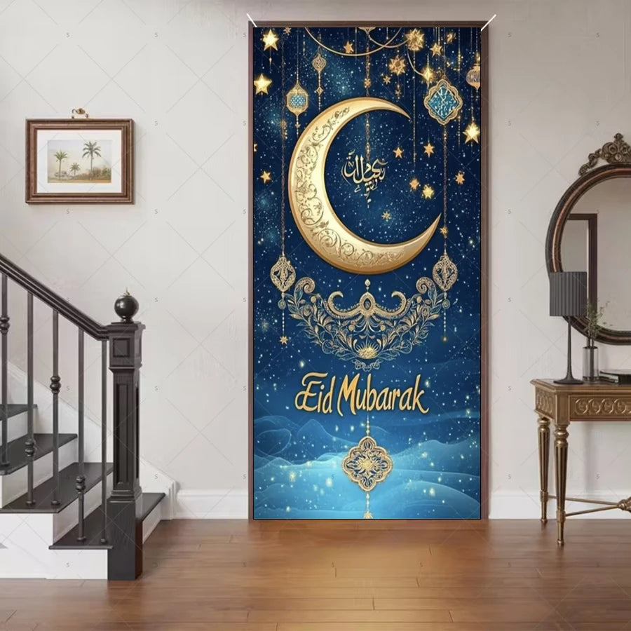 Ramadan Eid Door Cover Backdrop Supplies Moon Mosque Background Islamic Muslim Festival Theme Party Decoration Photography Props