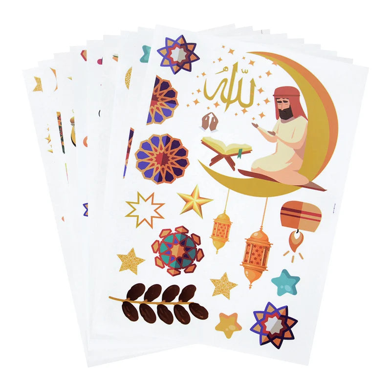 Eid Mubarak Ramadan Decorative Stickers 9pcs Islamic Patterns Self-Adhesive For Wall Window Gift Packaging Party Decor Supplies