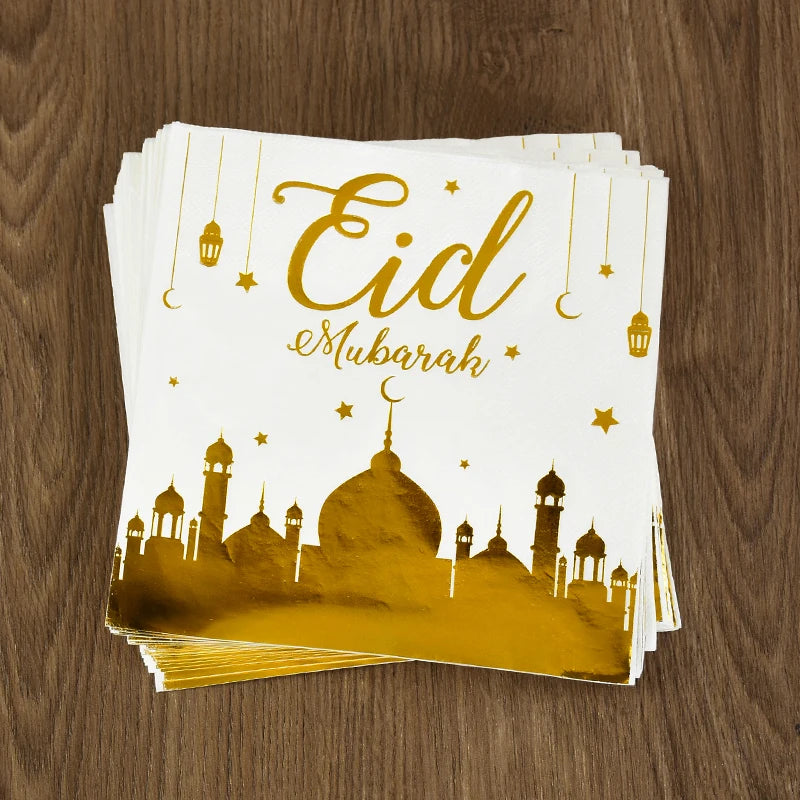 Eid Mubarak Party Tableware Set Gold Disposable Plate Cup Napkins Banner 2026 Islamic Muslim Supplies Ramadan Kareem Decorations