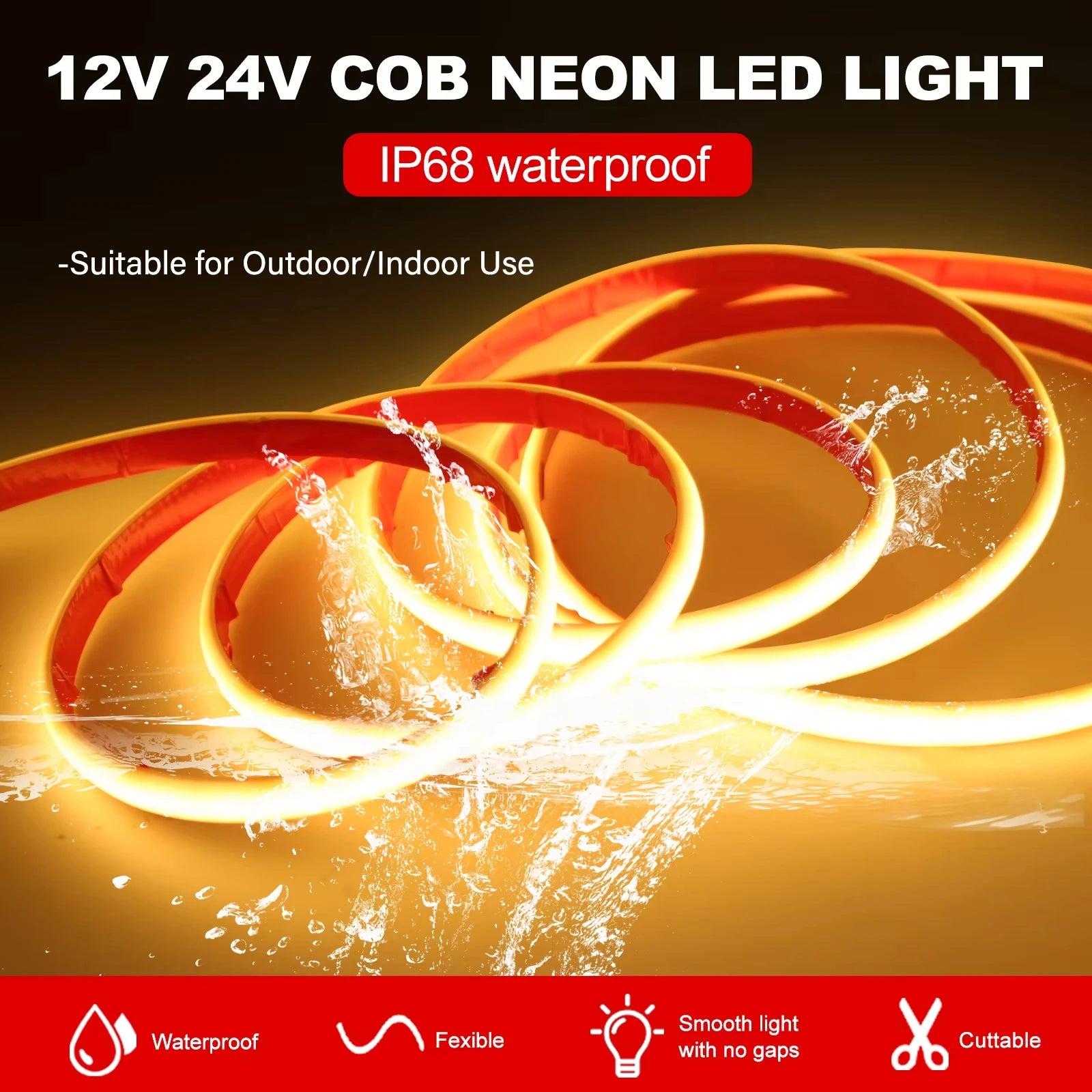 IP68 Waterproof COB LED Strip Light DC 12V 24V 320LEDs/m Red Blue Green White Linear Flexible Neon Lights for Room Garden Decor