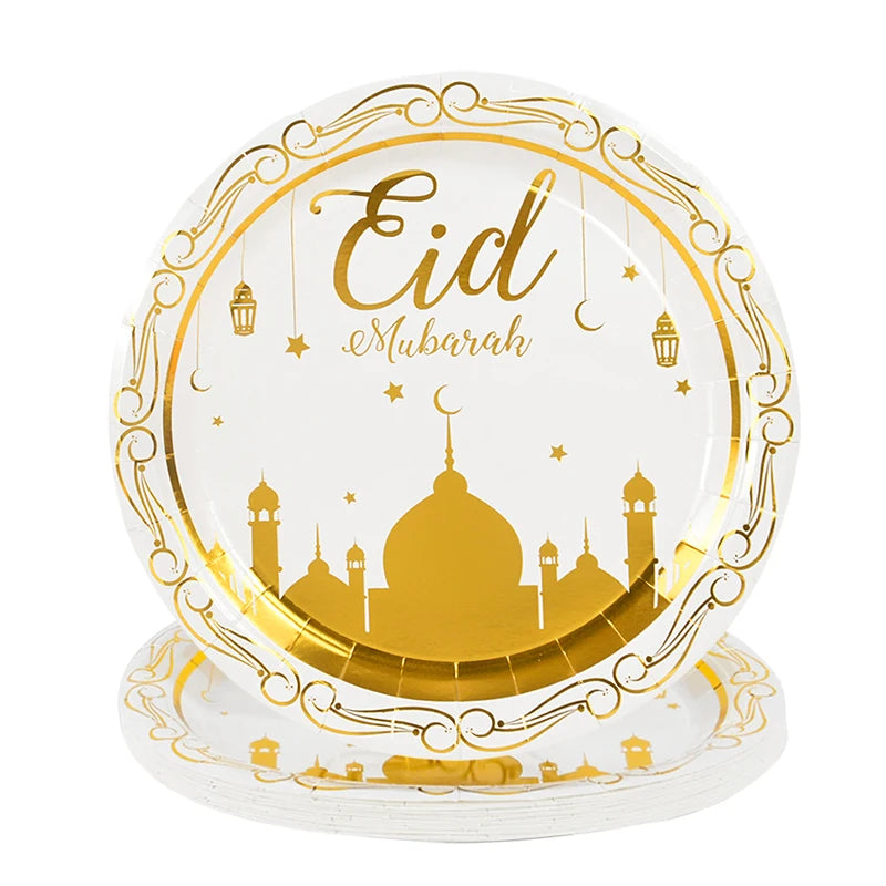 Eid Mubarak Party Tableware Set Gold Disposable Plate Cup Napkins Banner 2026 Islamic Muslim Supplies Ramadan Kareem Decorations