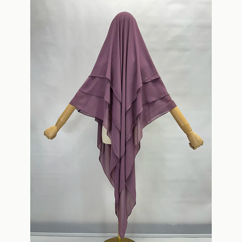Three Layer Chiffon Khimar With Niqab Strings High Quality EID Ramadan Muslim Women Islamic Clothing Wholesale Prayer Long Hijab