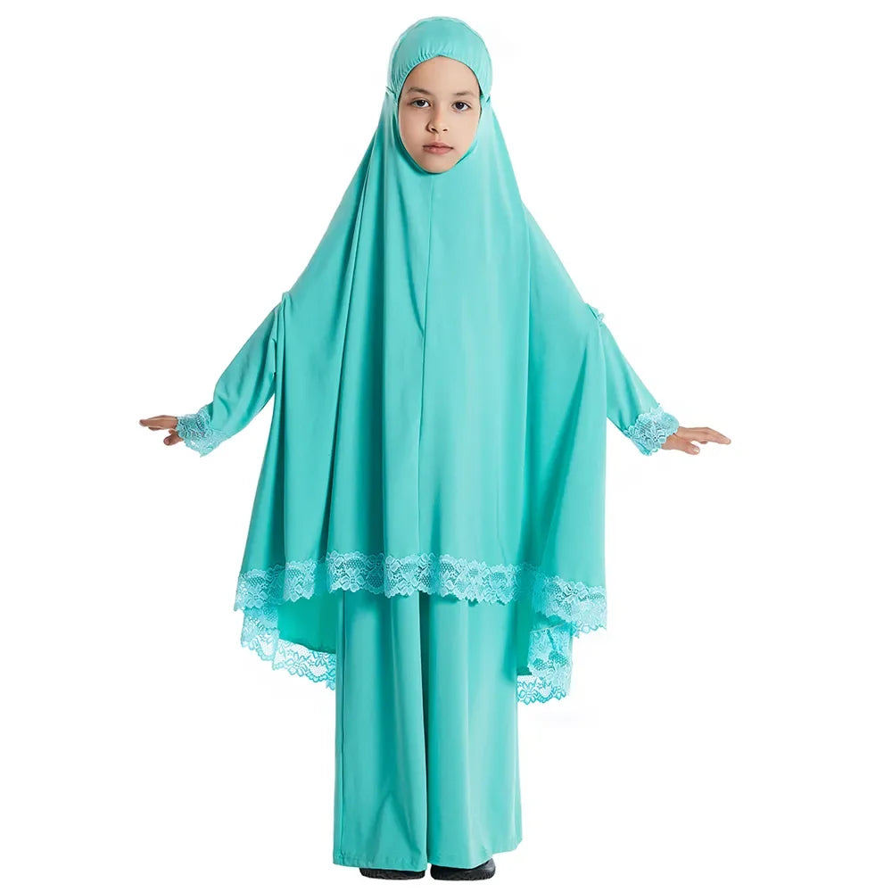 Muslim Kids Girls Hijab Dress Ramadan Khimar Skirt Set Overhead Eid Prayer Garment Burqa Abaya Robe Kaftan Hooded Gown