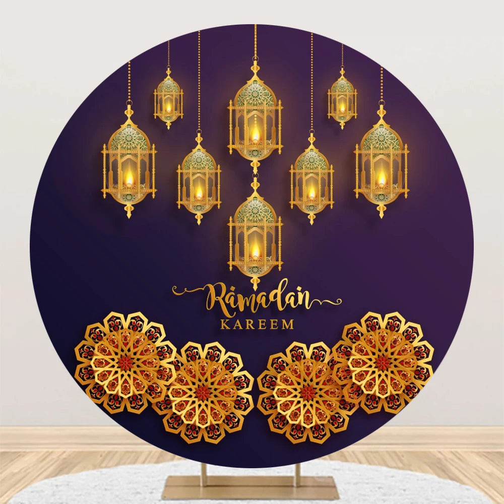 Eid al Fitr Mubarak Round Backdrop Cover Arab Ramadan Karim Golden Moon Star Cloud Lantern Party Decor Banner Photo Stall Props