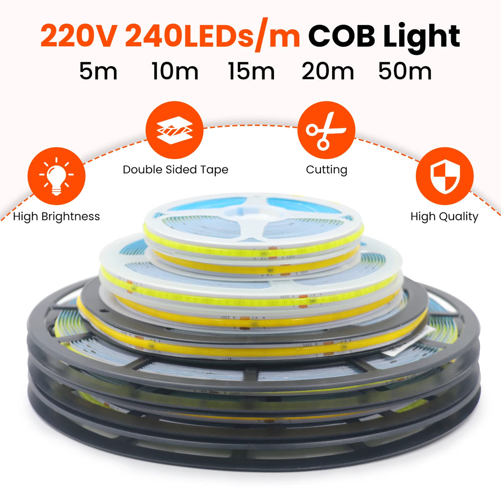AC 220V COB Strip 240Leds/M 5M 10M 20M 50M/Roll Red/Green/Ice Blue/Pink/White/Purple Flexible Ribbon LED Light For Home Decor