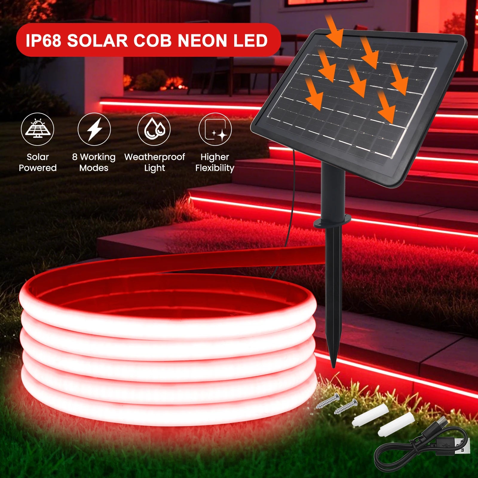 IP68 Waterproof Solar Powered COB Neon Strip 24V 320Leds 3000K 4000K 6000K Red/Green/Blue/Yellow Flexible Ribbon Rope LED Light