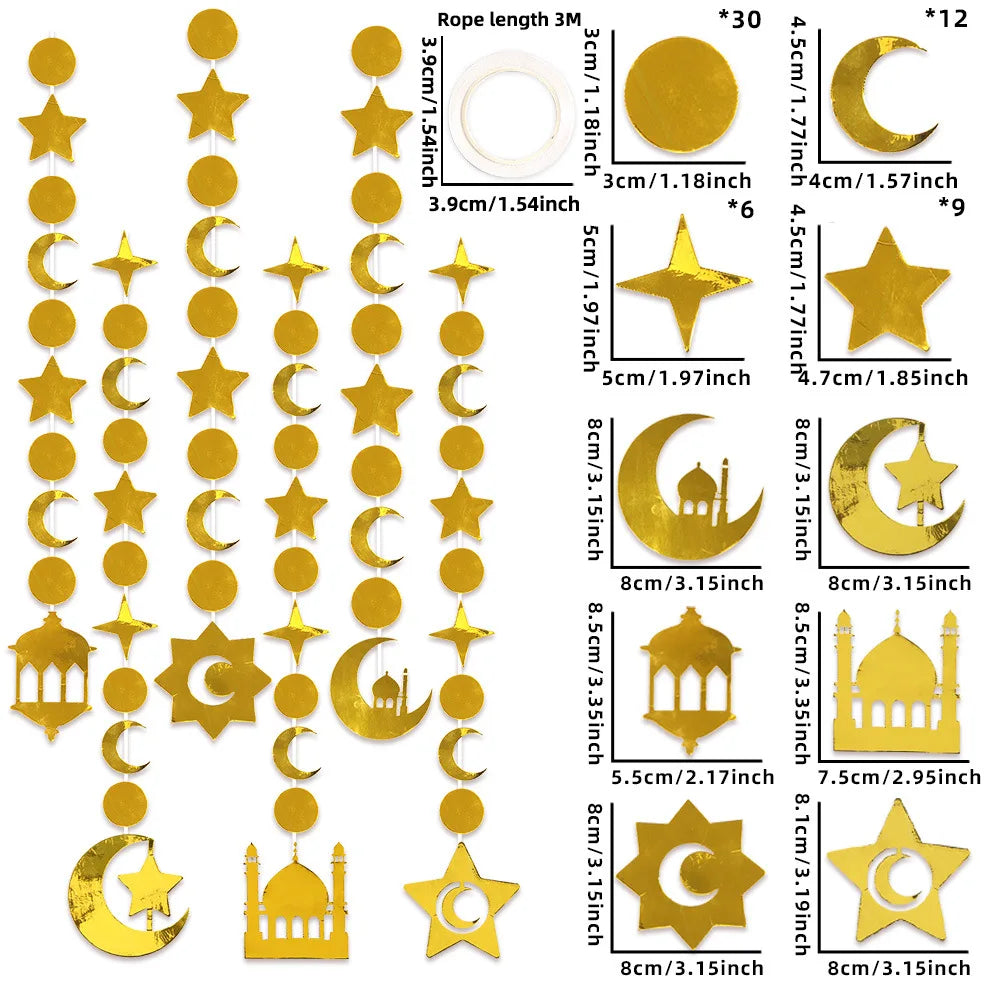 Glitter Paper Gold Star Moon String Garland Streamer Eid Mubarak Hanging Banner Ornaments Ramadan Kareem Decorations for Homet