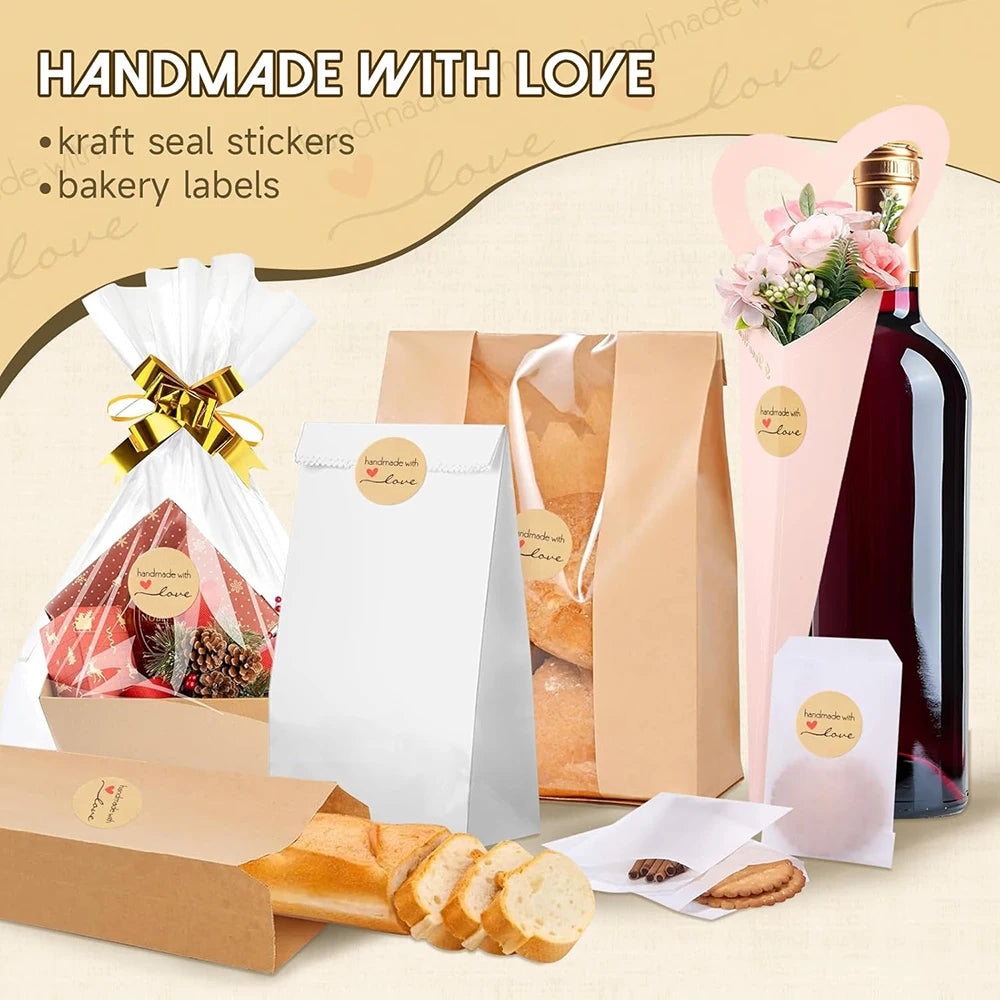 500pcs 1inch Handmade with Love Stickers Baking Kraft Paper Stickers Packaging Envelope Seals Wedding Birthday Party Gift Labels