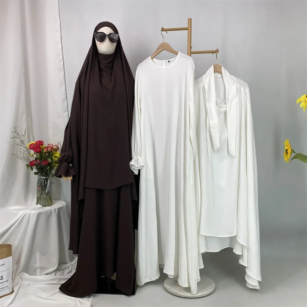 Dubai Turkey Kaftan Eid Ramadan Overhead Khimar Burqa Muslim Women Prayer Dress Set 2PCS Niqab Abaya Islamic Jalabiya Djellab