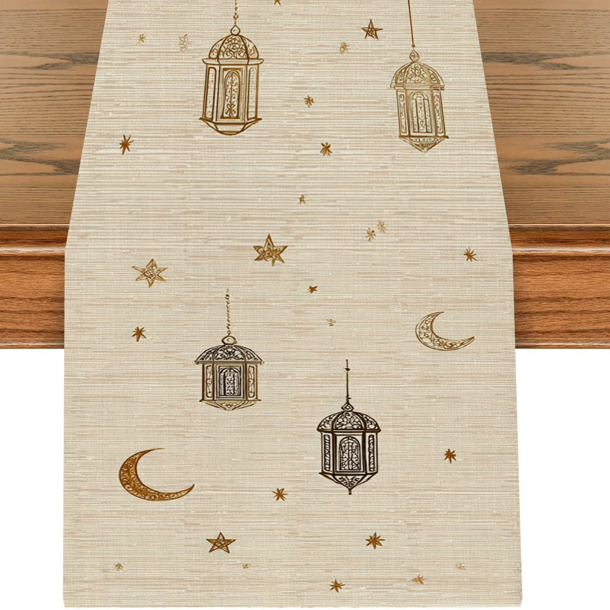 1pcs Ramadan Eid Mubarak Polyester Table Runner Party Decor Golden Lantern Eid Al Fitr Dining Table Runners Ramadan Decorations