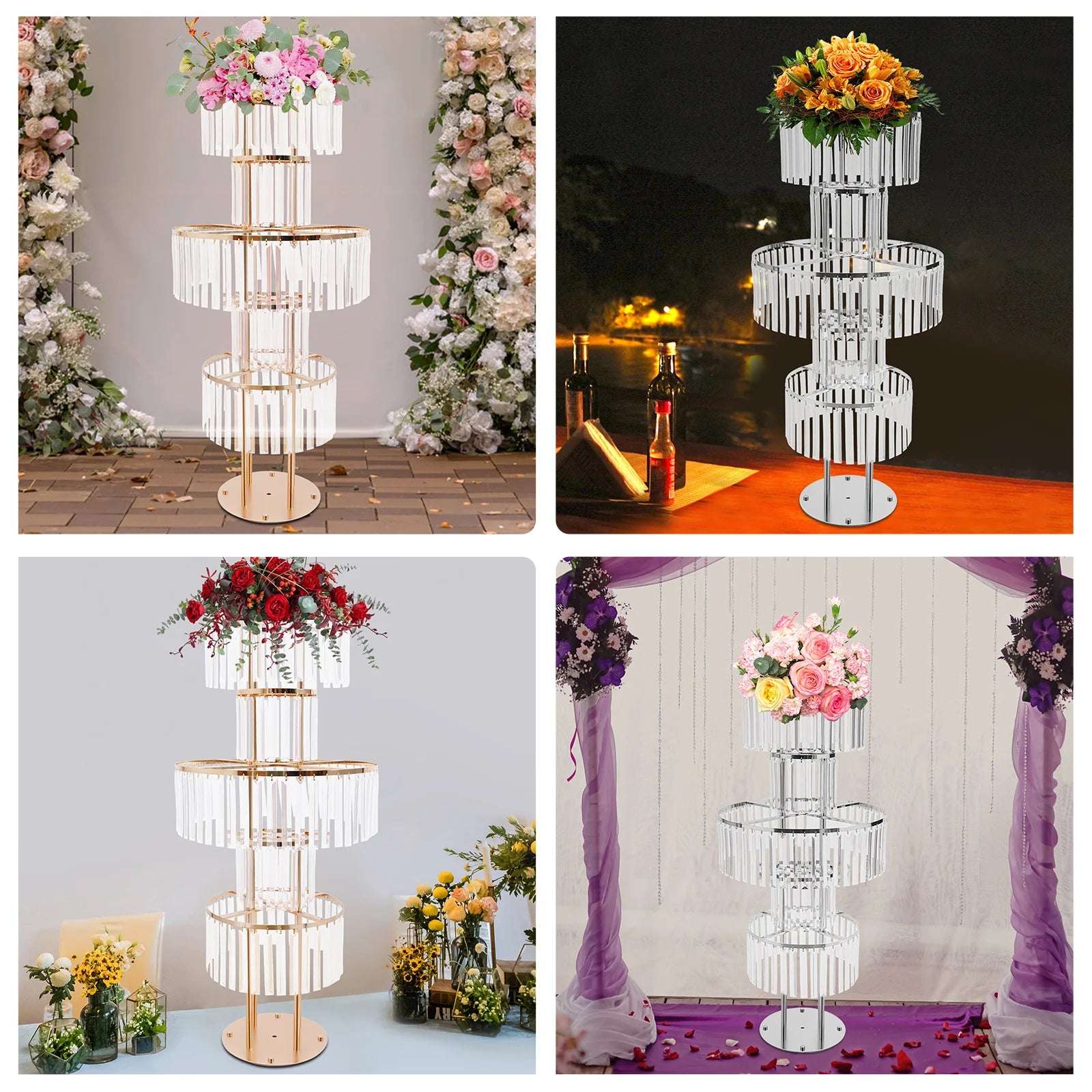 5 Tiers Gold/Silver Wedding Centerpieces Flower Stand Vase Centerpiece Acrylic Flower Stand with Hanging Acrylic