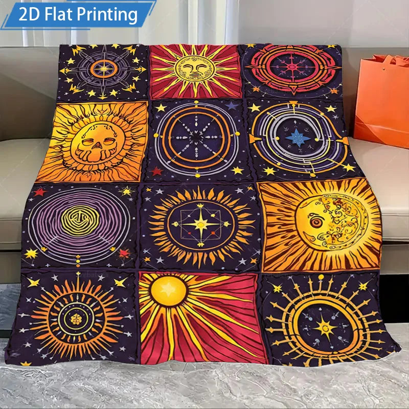 1pc Flannel Blanket Cosmic Sun Moon Stars Printed Fleece Blanket for Cozy Living Room or Bedroom Decor