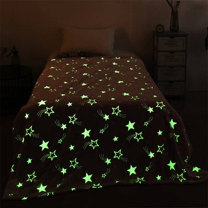 Magical Luminous Flannel Throw Blankets Night Fluorescent Fluffy Kids Blanket Star Moon Warm Sofa Bedspread Nap Leisure Covering