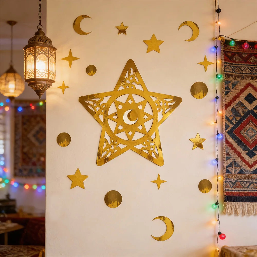 Ramadan Eid Moon Festival Party Decor - Gold Hollow - Star Crescent Letter Wall & Window Stickers
