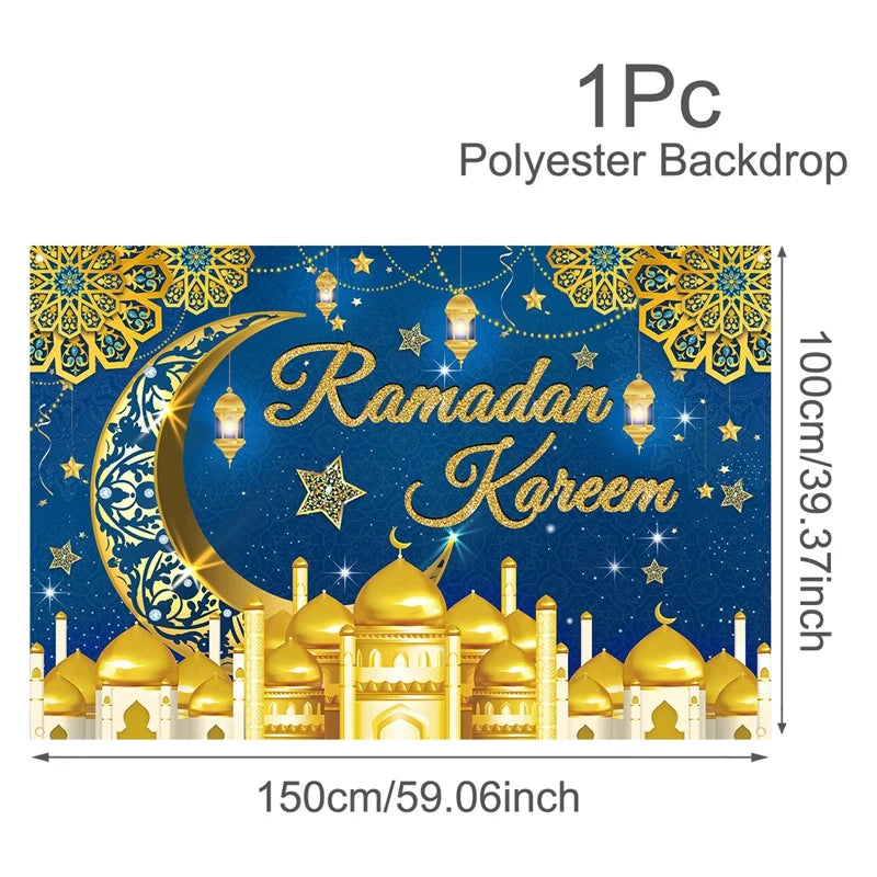 Eid Mubarak Backdrop Moon Star Castle Pattern Ramadan Decorations Banner for Home Islamic Muslim Party Supplies Eid Al-fitr Gift