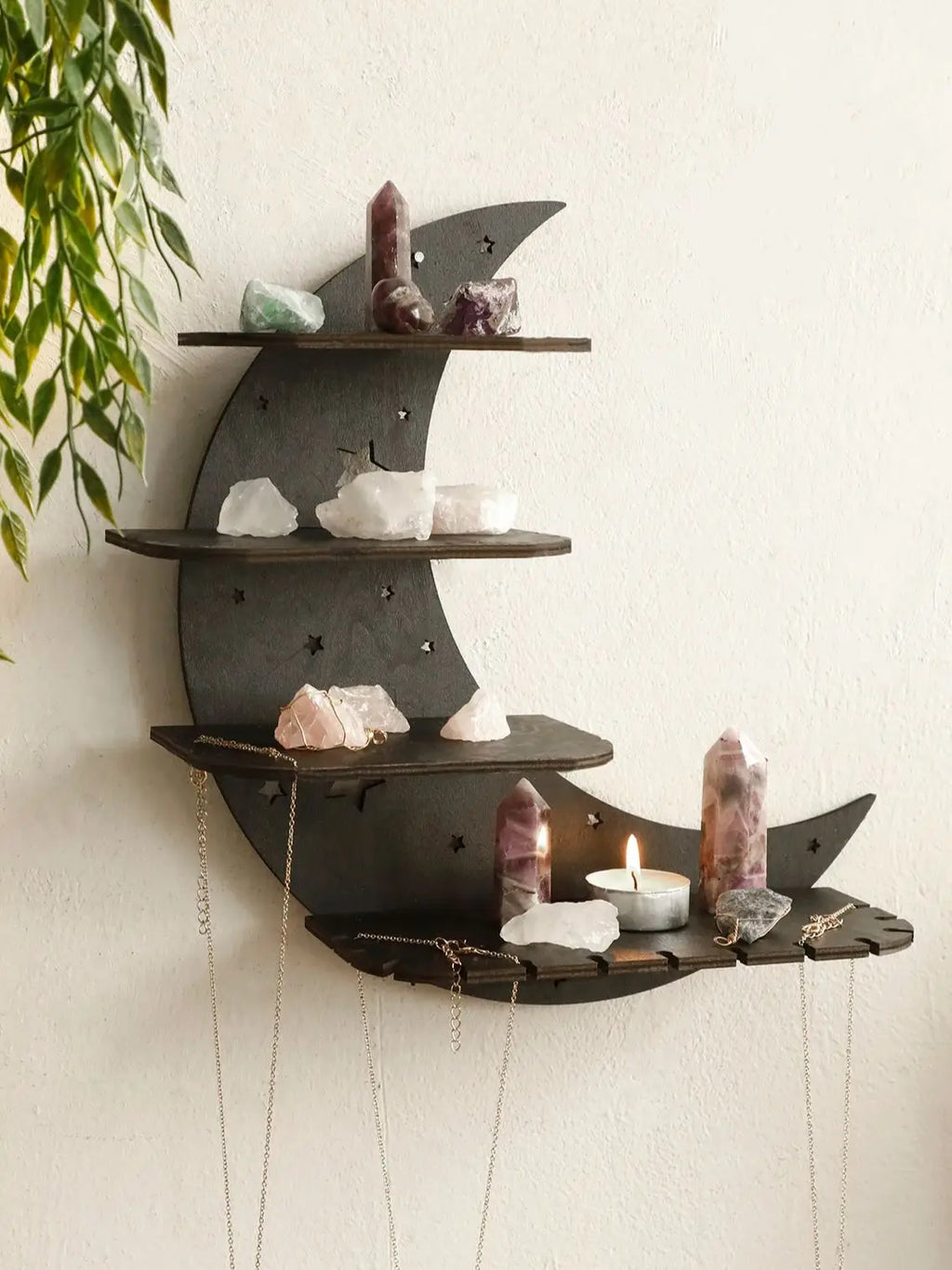 30/39cm Black Moon Wall Shelves 4-tier Wood Floating Wall Shelf Gothic Home Decor Crystal Shelf Display Ledge Essential Oil Rack