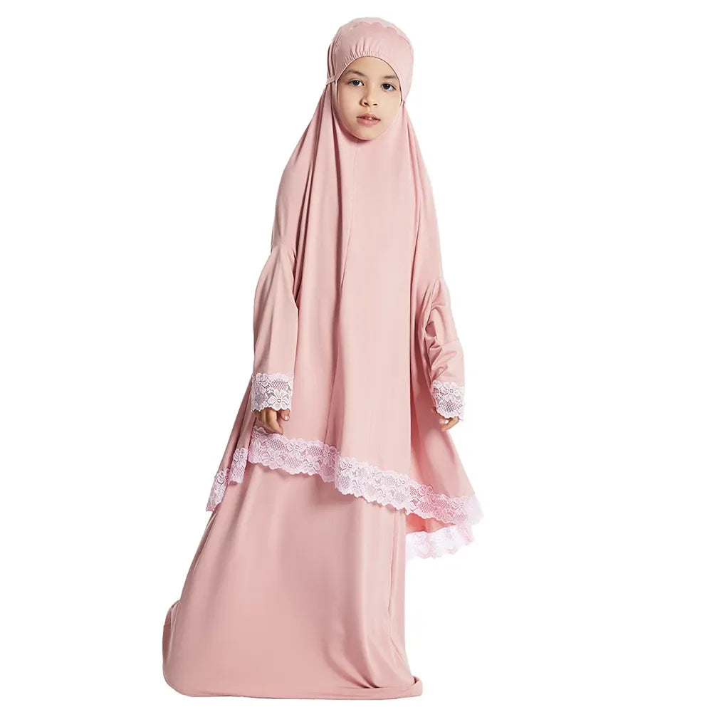 Muslim Kids Girls Hijab Dress Ramadan Khimar Skirt Set Overhead Eid Prayer Garment Burqa Abaya Robe Kaftan Hooded Gown