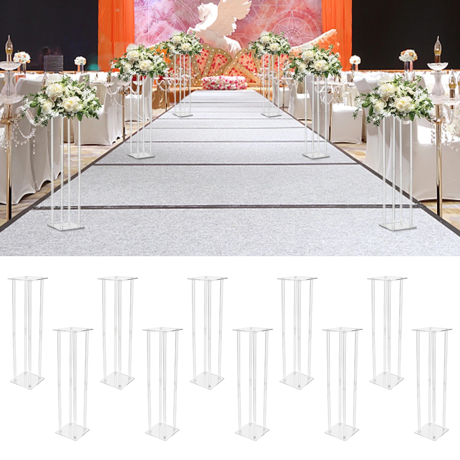 10x Rectangle Acrylic Vases Wedding Centerpiece Flower Stand Pedestal Clear Column For Birthday Party Home Decor 31.5 Inch