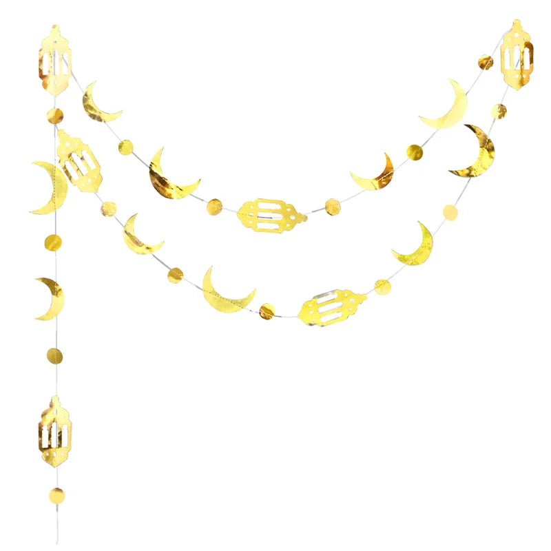Gold Star Moon Circle Dot Crescent Lamp Eid Paper Garland Gold Mubarak Ramadan Streamer Backdrop Muslim Party Banner Decorations