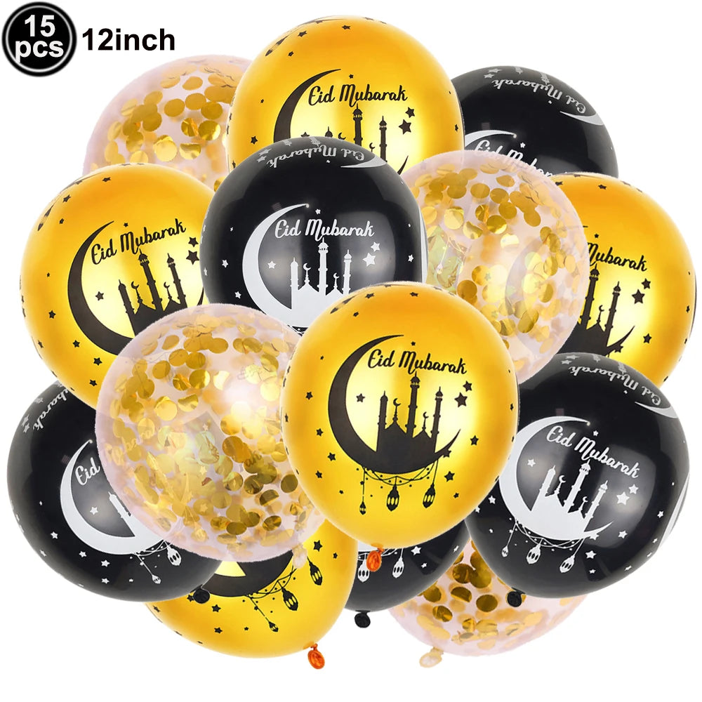12inch Eid Mubarak Party Decorations Happy Eid al-Fitr Latex Balloons Gold Purple Black Moon Castle Print Confetti Balloons