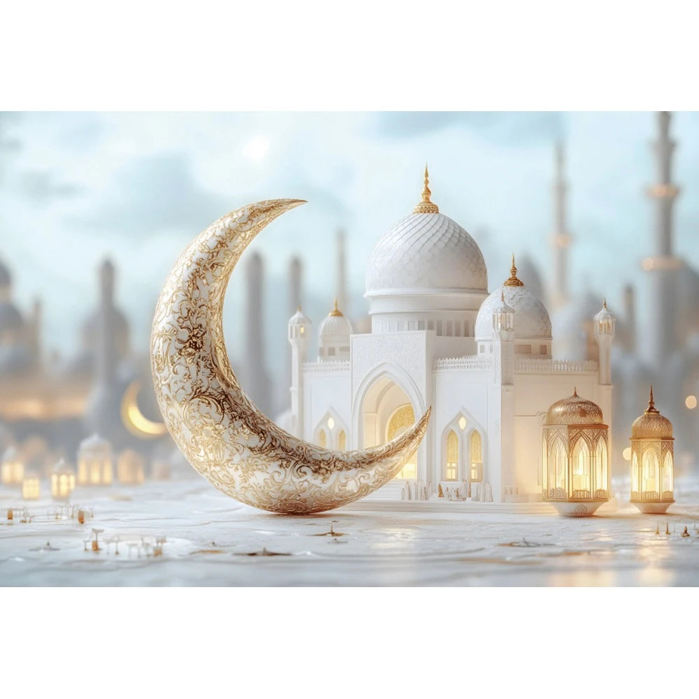Eid Mubarak Backdrop Islamic Mosque Ramadan Aladdin Moroccan Golden Moon Lantern 2026Muslim Kareem Al Fitr Festival Photo Banner