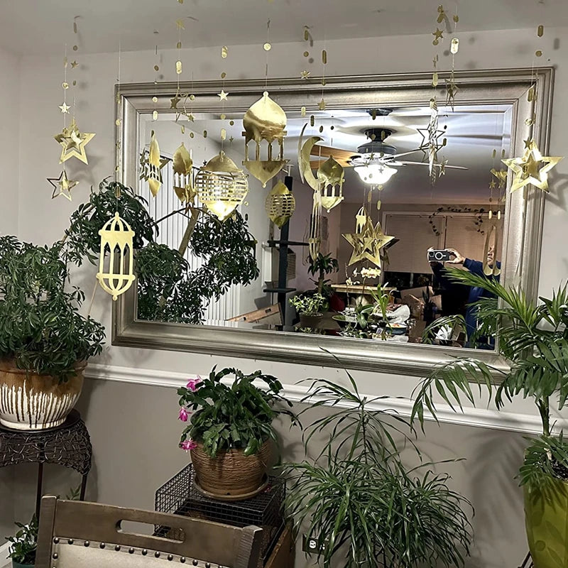 Ramadan Gold Silver Star Moon Lantern Hanging Streamer Garland Eid Mubarak Home Decoration 2025 Muslim Islamic Party Supplies