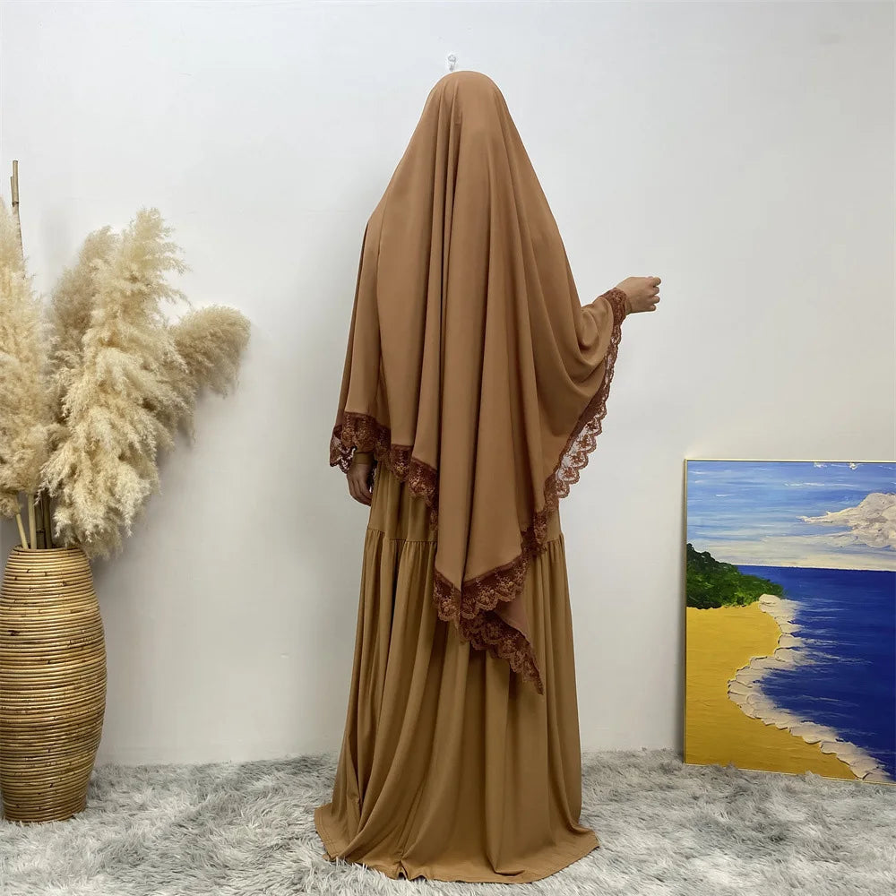 Eid Khimar Lace Long Khimar Hijab Scarf Muslim Modest Prayer Hijabs Islam Clothing Ramadan Djellaba Kebaya Jalabiya Headscarf