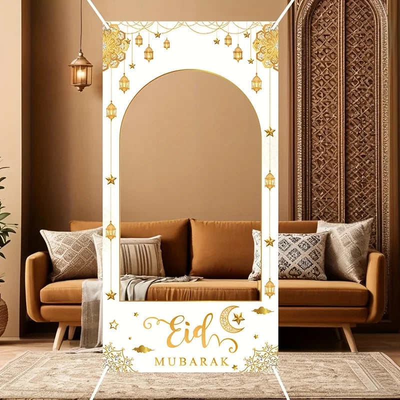 1set Islamic Ramadan Eid Mubarak Photo Booth Backdrop with White Golden Frame Muslim Party Decoration Supplies 2026
