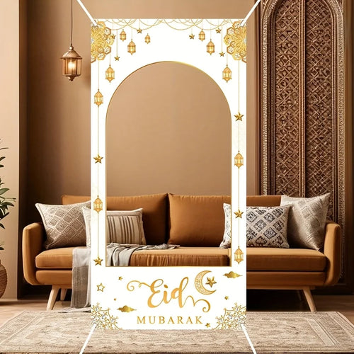 1set Islamic Ramadan Eid Mubarak Photo Booth Backdrop with White Golden Frame Muslim Party Decoration Supplies 2026