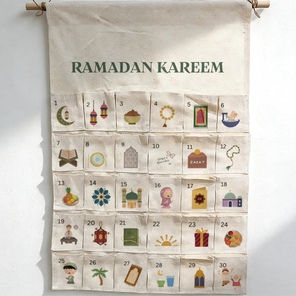Ramadan Kareem Countdown Calendar with 30 Pockets – Eid Mubarak Family Decor 2026