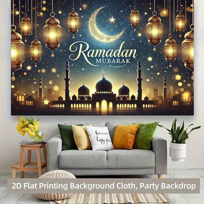 One 2D background cloth, Islamic Ramadan blessing light night scene background cloth, multi-functional polyester background