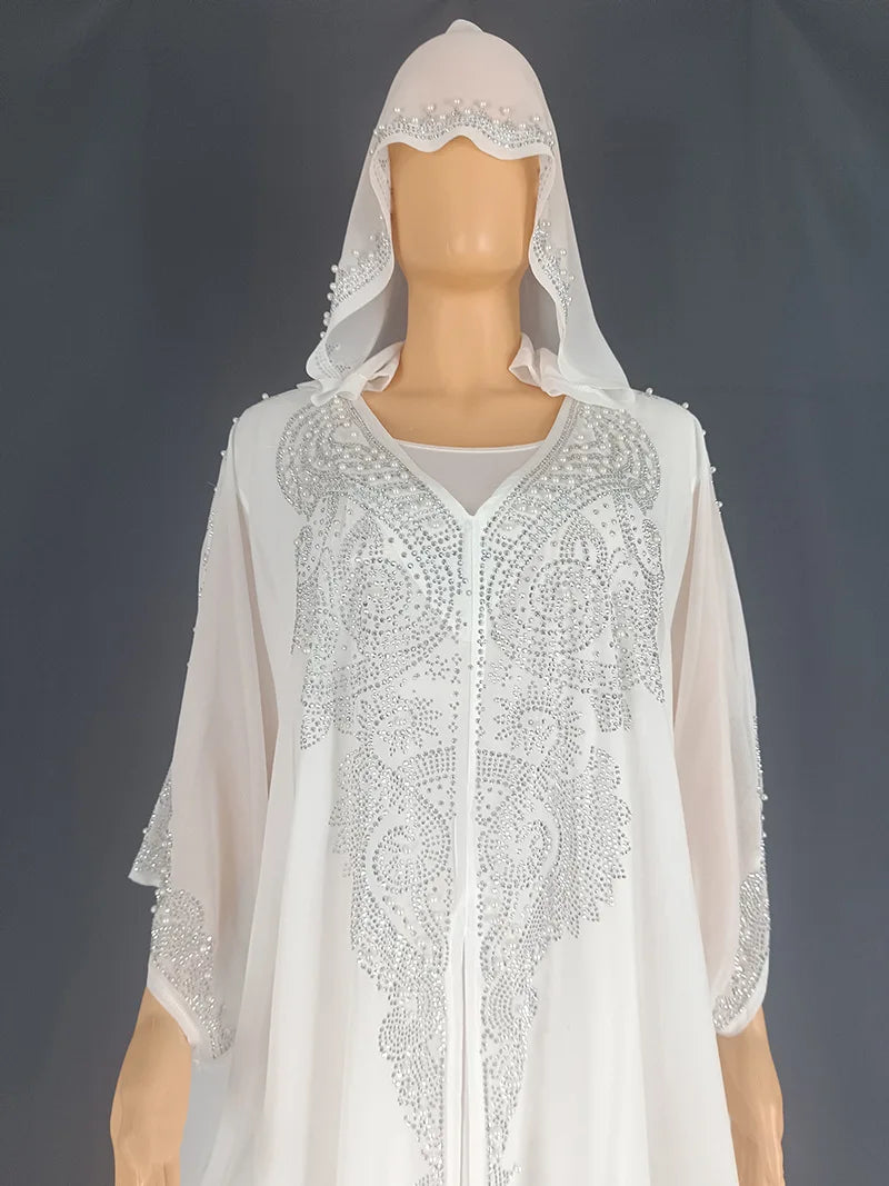 Eid Muslim Dress for Women – Hooded 2-Piece Diamond Jalabiya Kaftan