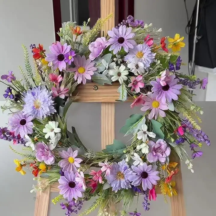 YeeNanee Vibrant Wild Flowers Spring Wreaths for Front Door Artificial Daisy Tulip Lambs Ear Summer Wreath Home Wall Decoration