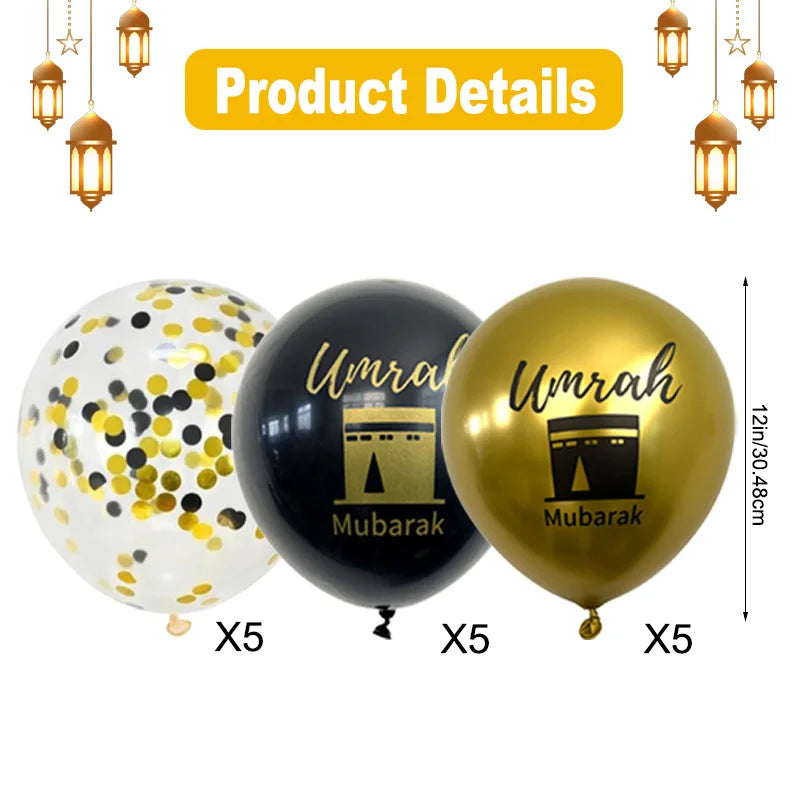15/20Pcs Black Gold Umrah Mubarak Latex Confetti Balloon Ramadan Kareem Decor Eid Mubarak Islamic Muslim Festival Party Supplies