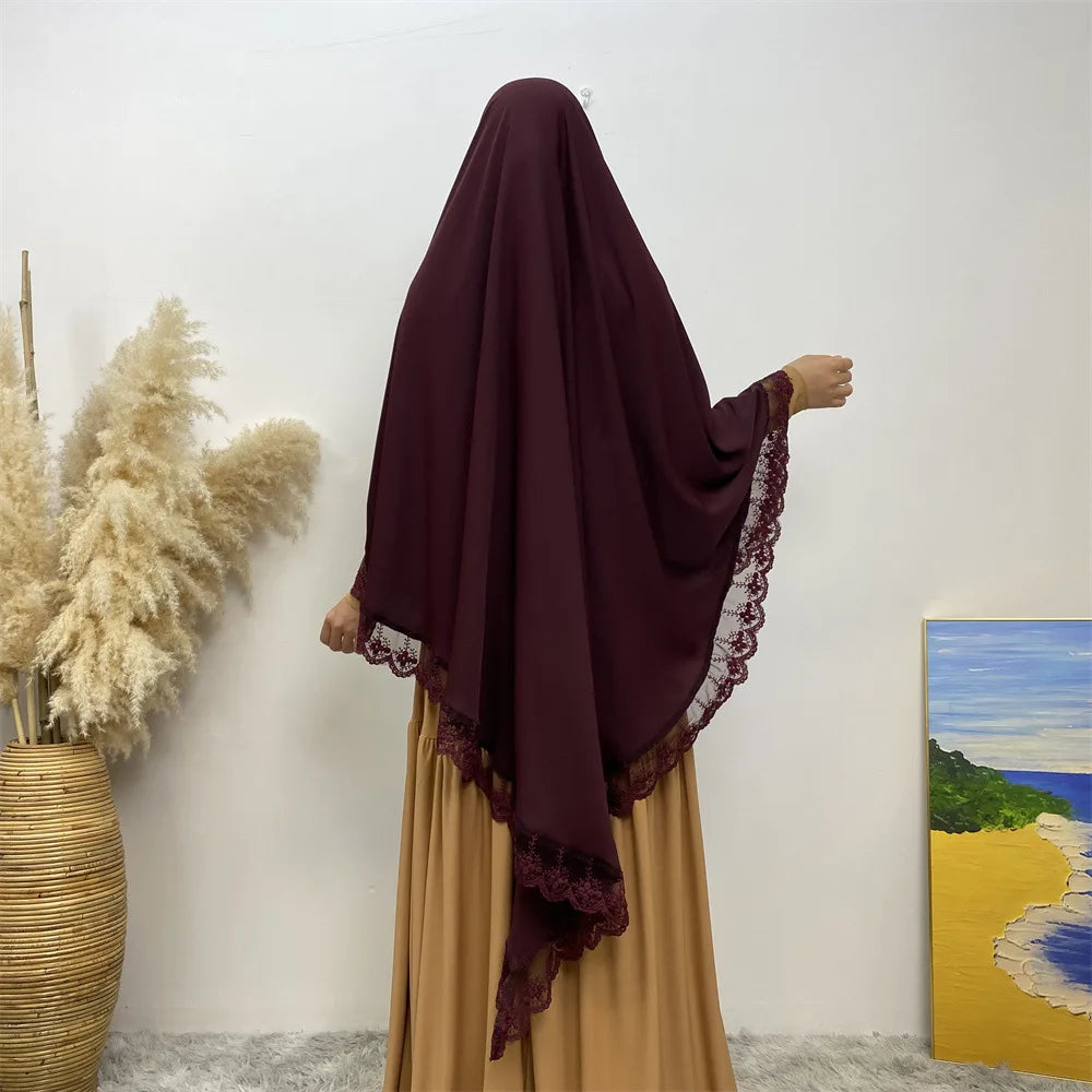 Eid Khimar Lace Long Khimar Hijab Scarf Muslim Modest Prayer Hijabs Islam Clothing Ramadan Djellaba Kebaya Jalabiya Headscarf